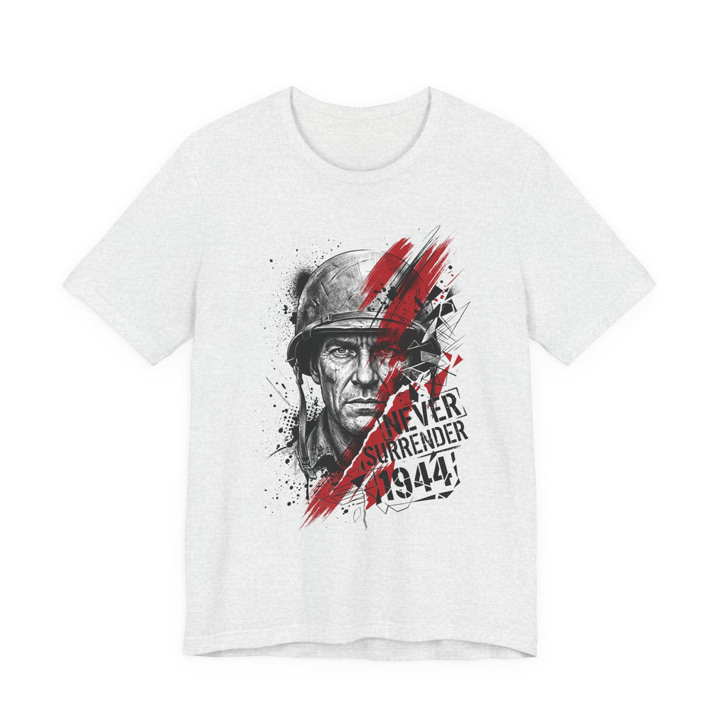 Light gray crewneck t-shirt with WWII veteran portrait graphic in red and black