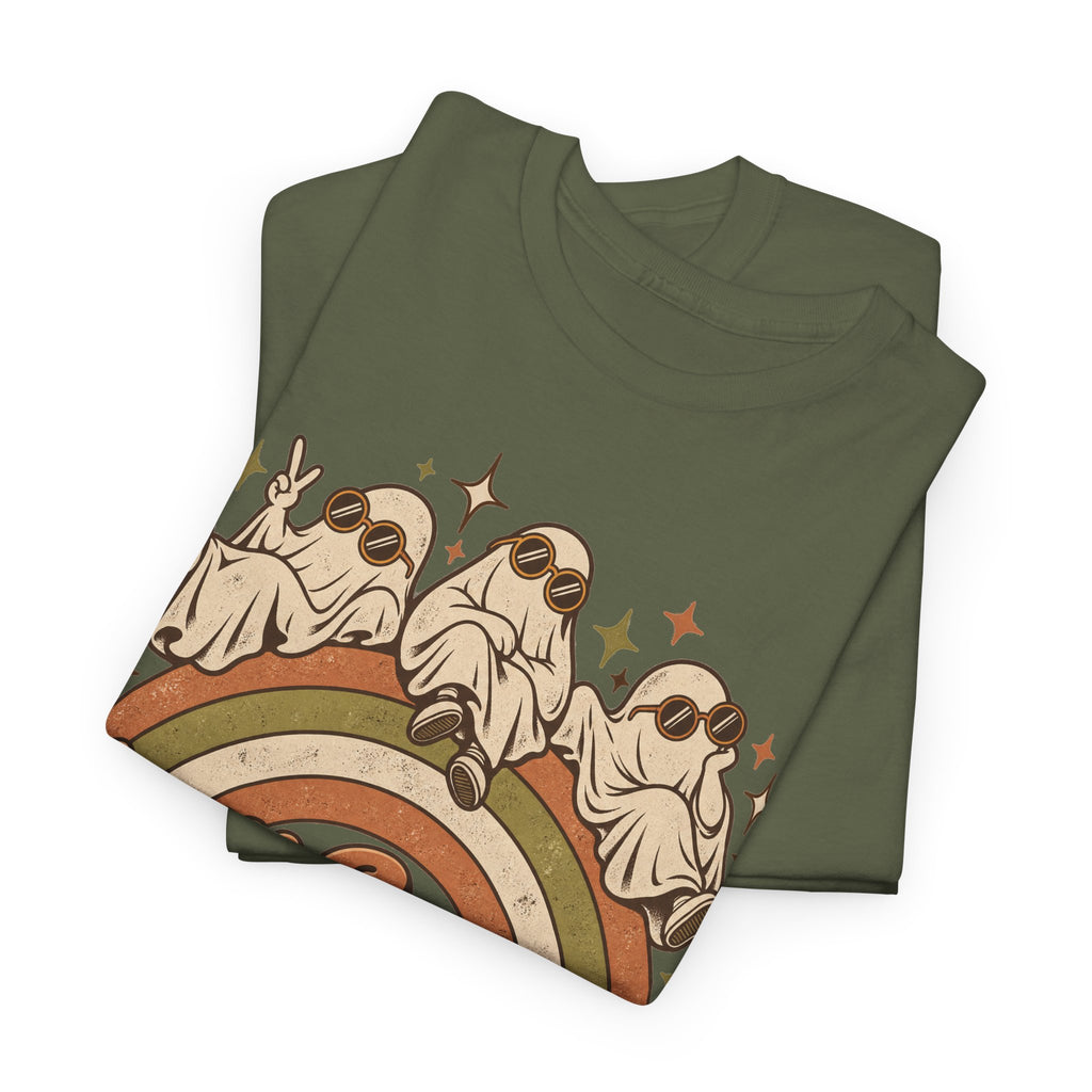 Stay Groovy Ghouls T-Shirt, Retro Rainbow Ghosts in Sunglasses Halloween Shirt for Women and Men, Cute 70s Spooky Tee