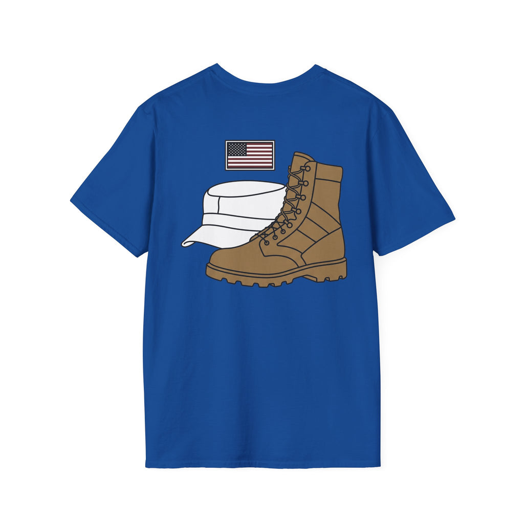 Royal blue T-shirt with US flag, military cap, and tan boot graphic