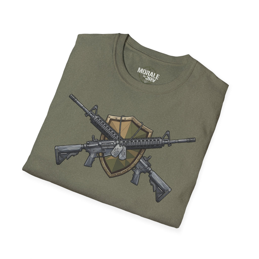 Heather military green crewneck T-shirt with crossed rifles shield tactical graphic print