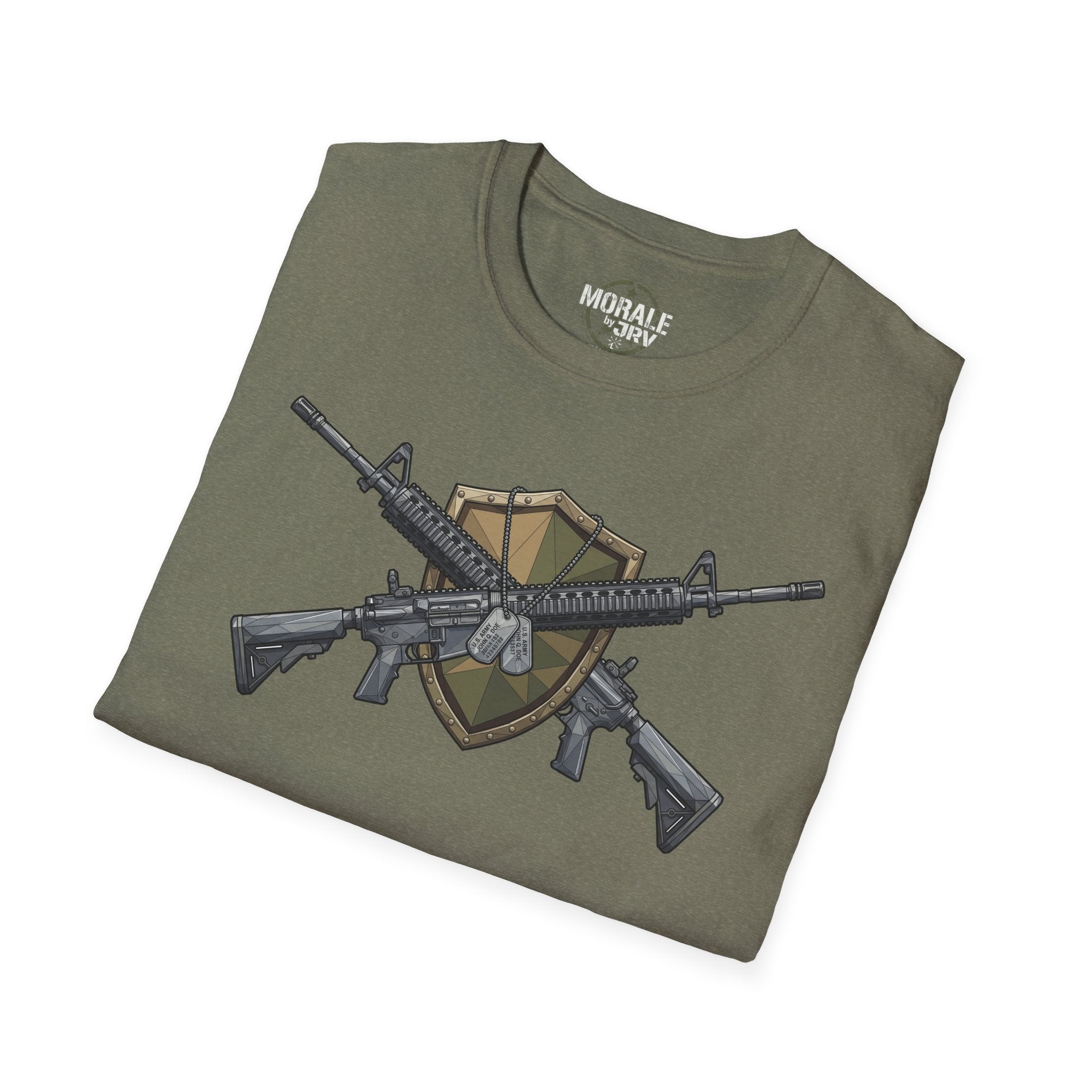 Heather military green crewneck T-shirt with crossed rifles shield tactical graphic print