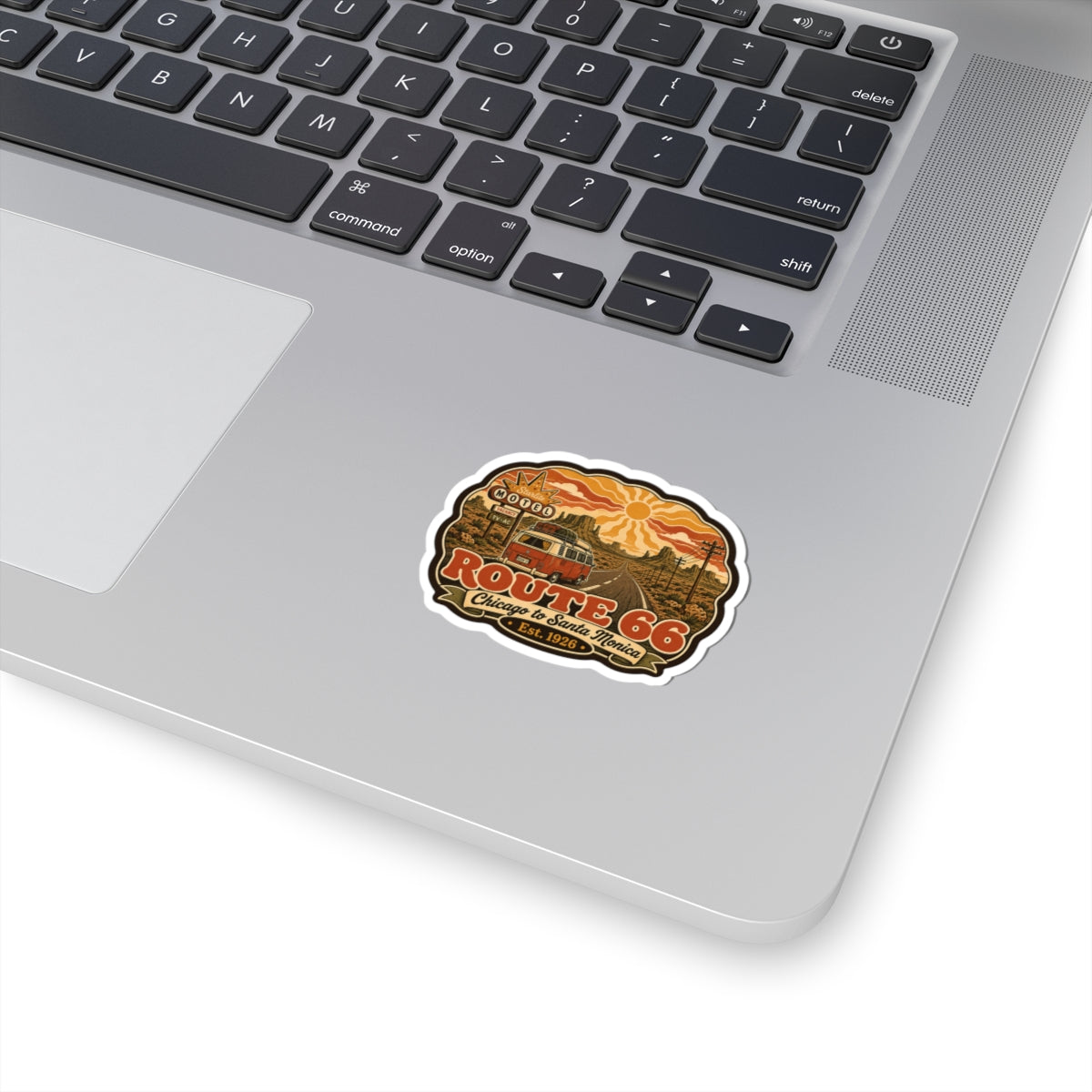 Vintage Route 66 sticker decal with orange desert sky and small van graphic