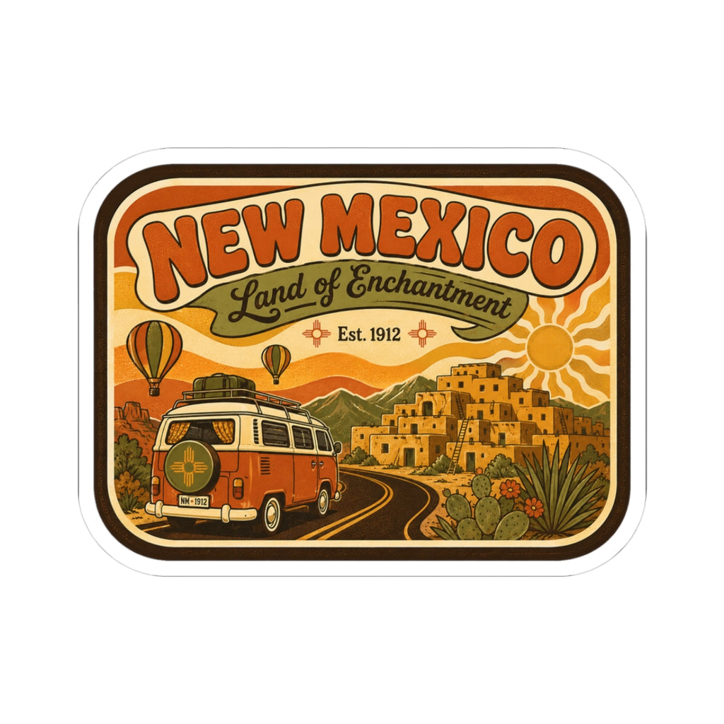 Die-cut New Mexico sticker with vintage camper, desert village, and “Land of Enchantment” text