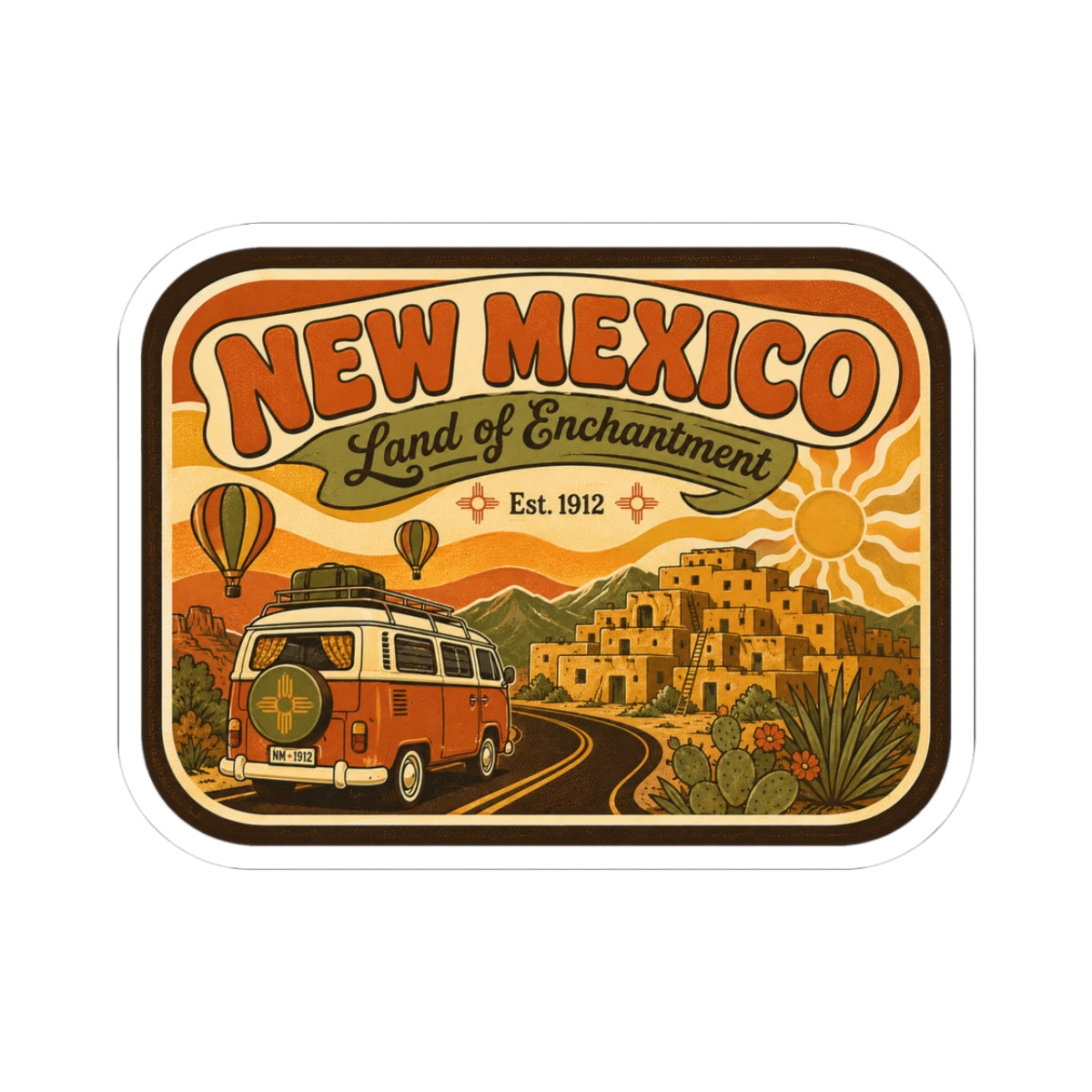 Die-cut New Mexico sticker with vintage camper, desert village, and “Land of Enchantment” text