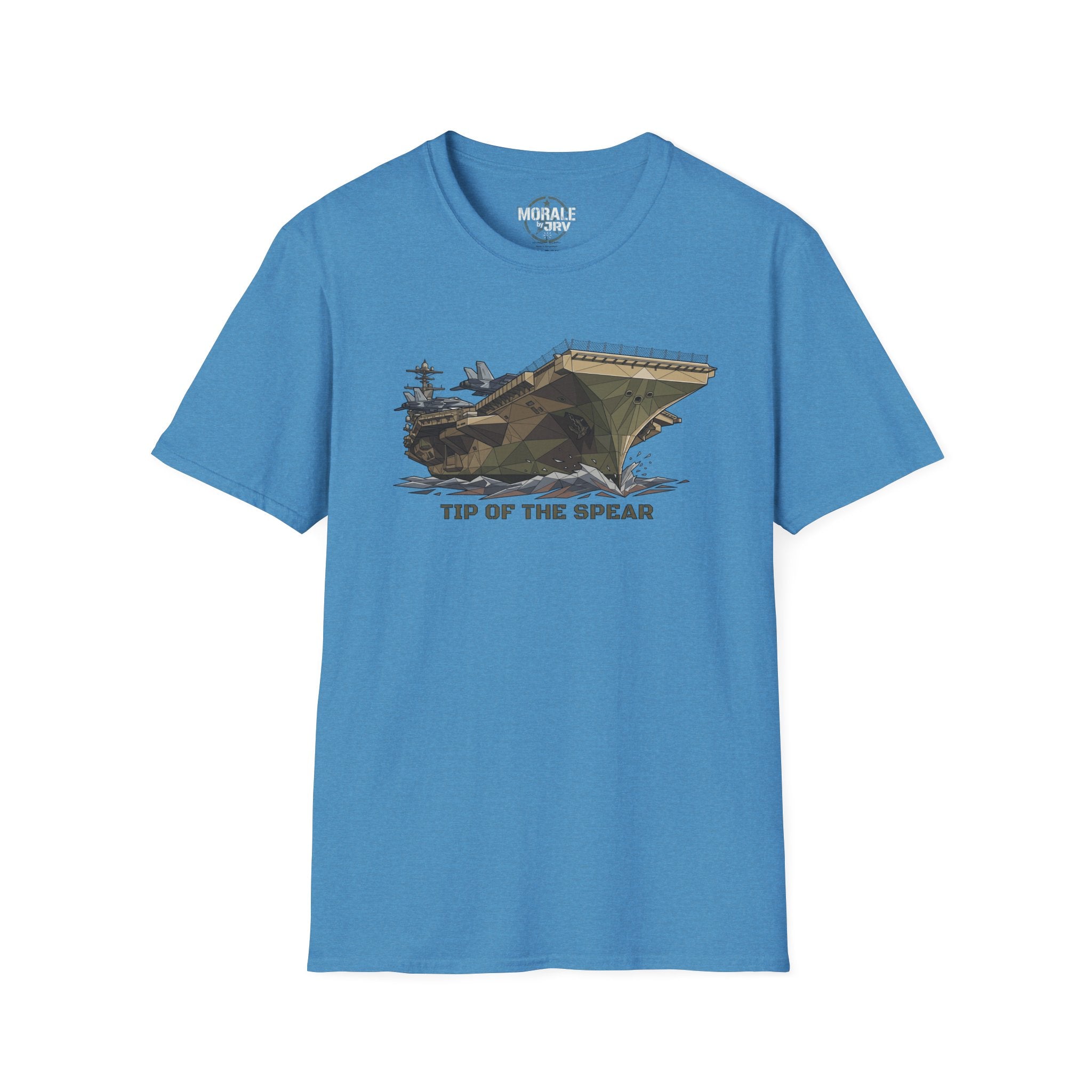 Blue T-shirt featuring a stylized tank graphic with “TIP OF THE SPEAR” on the chest