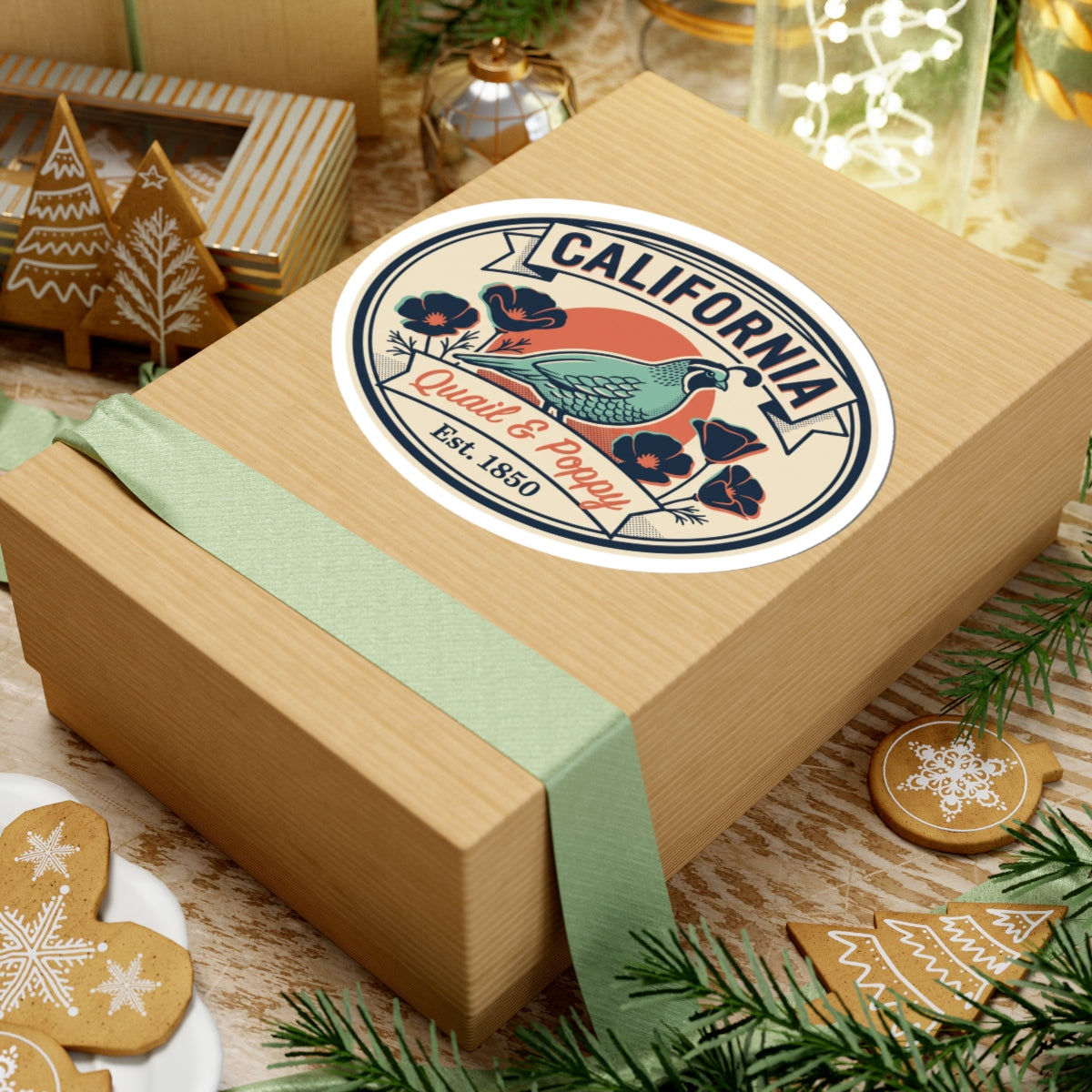 California oval quail and poppy sticker on top of a wrapped gift box