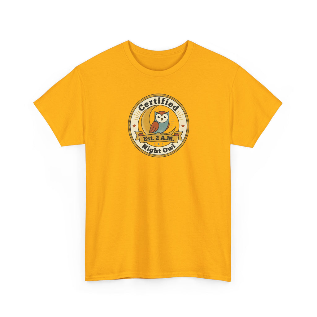 Gold T-shirt with "Certified Night Owl" owl badge graphic on chest