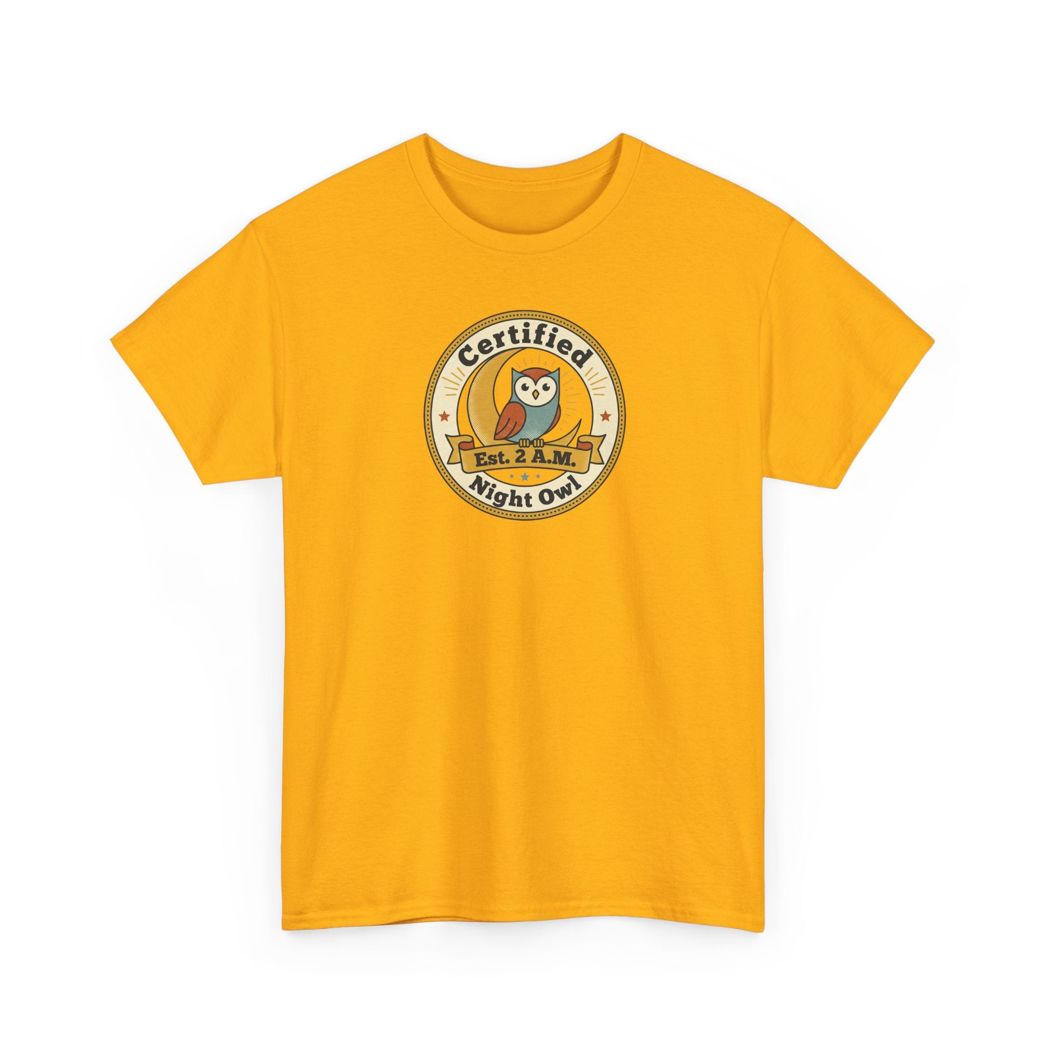 Gold T-shirt with "Certified Night Owl" owl badge graphic on chest