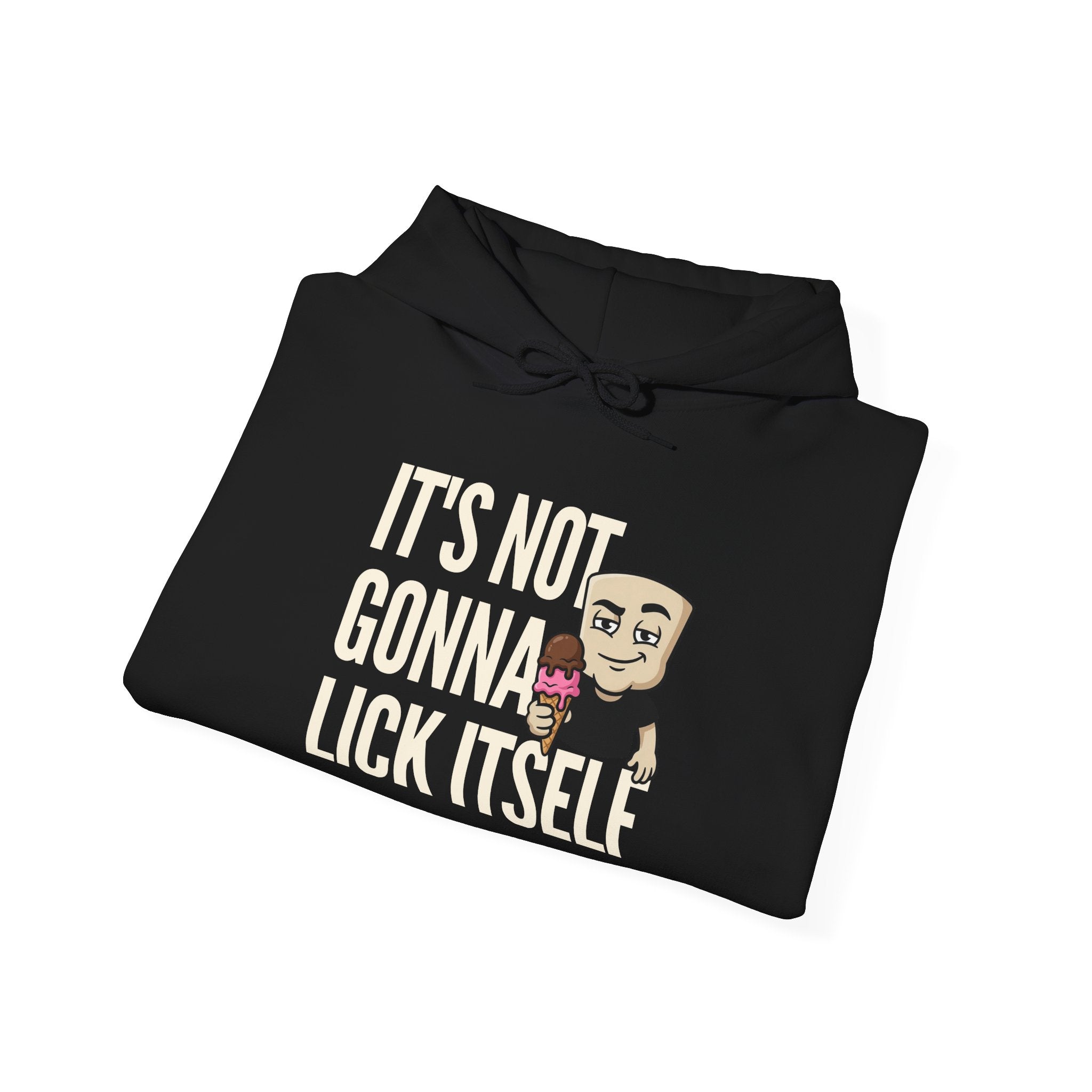 Black hoodie with drawstring hood, kangaroo pocket, and ice cream humor front graphic