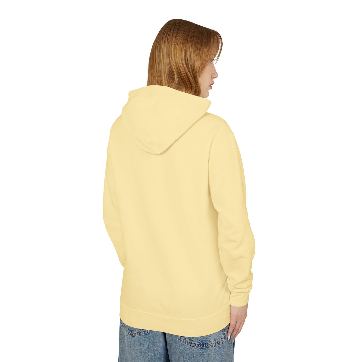 Butter yellow pullover hoodie, back view with drawstring hood