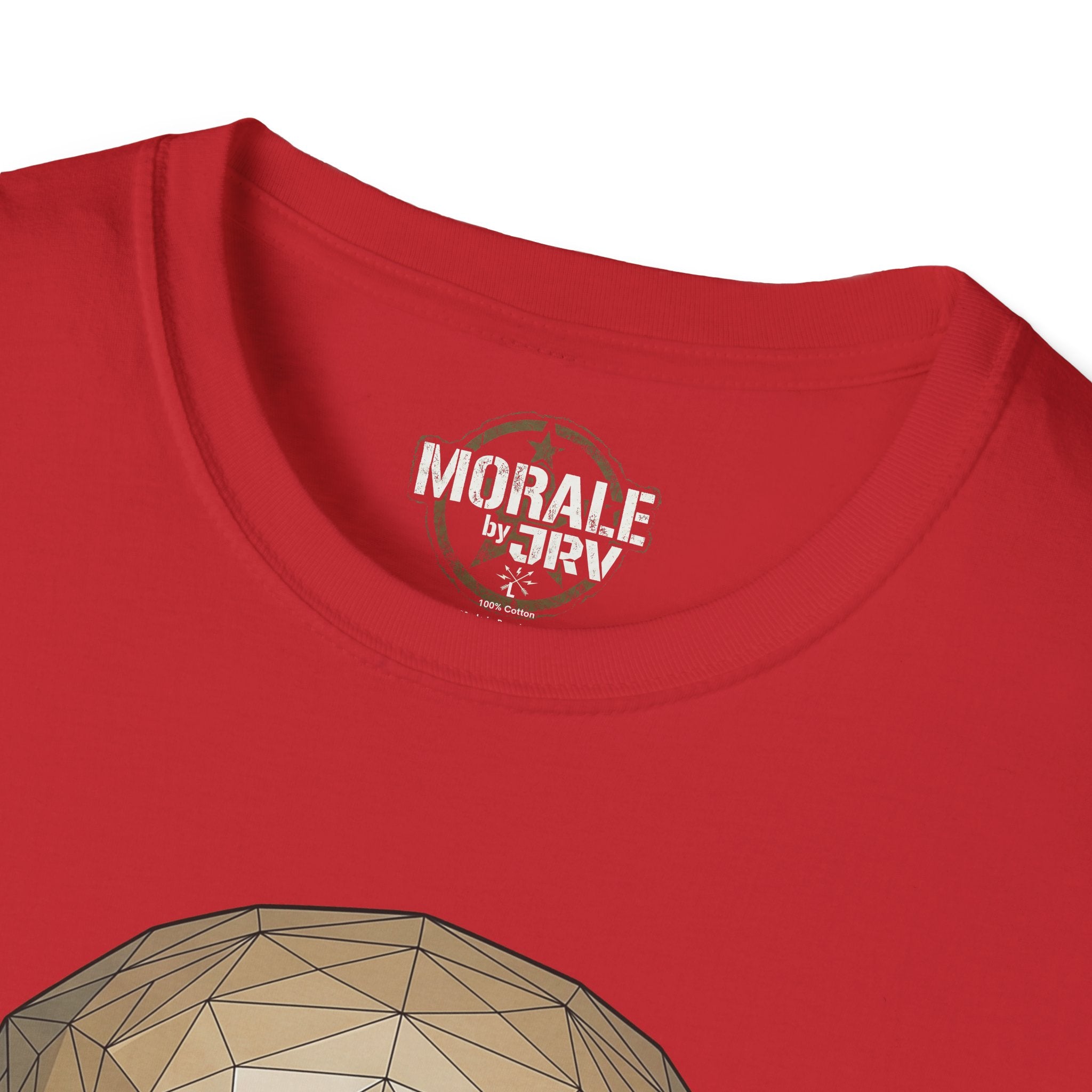Red T-shirt neckline with “MORALE by TRV” tag and top of skull graphic
