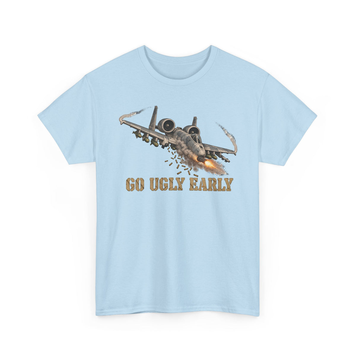 Light blue jet attack graphic T-shirt with “Go Ugly Early” text and aircraft illustration.