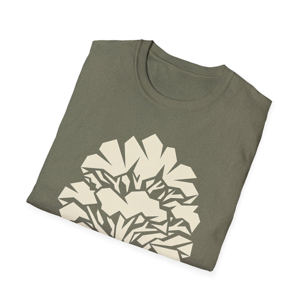 Olive green geometric tree T-shirt with cream nature silhouette graphic