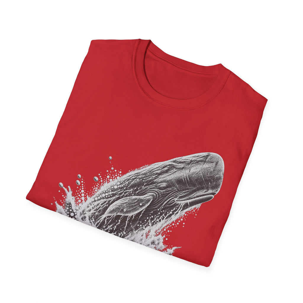 Red crew-neck T-shirt with white breaching whale splash graphic