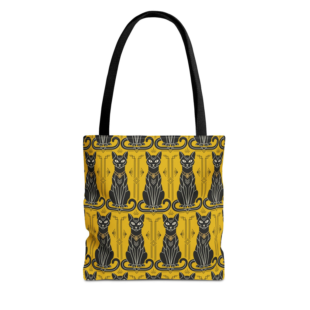 Tote bag with yellow cat pattern, blue-and-black cat faces, black top handles.