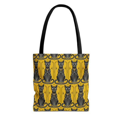 Tote bag with yellow cat pattern, blue-and-black cat faces, black top handles.