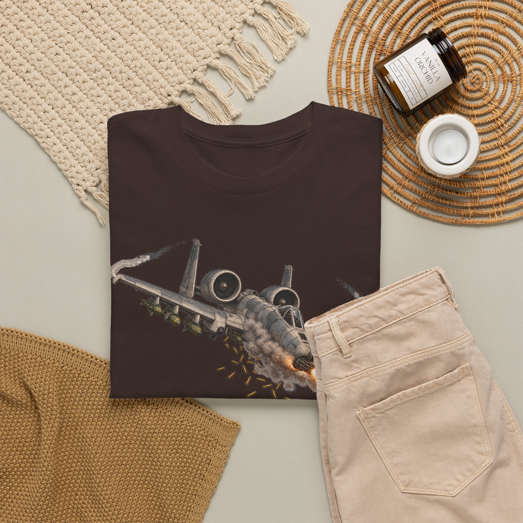 Dark brown crew-neck T-shirt with front jet graphic