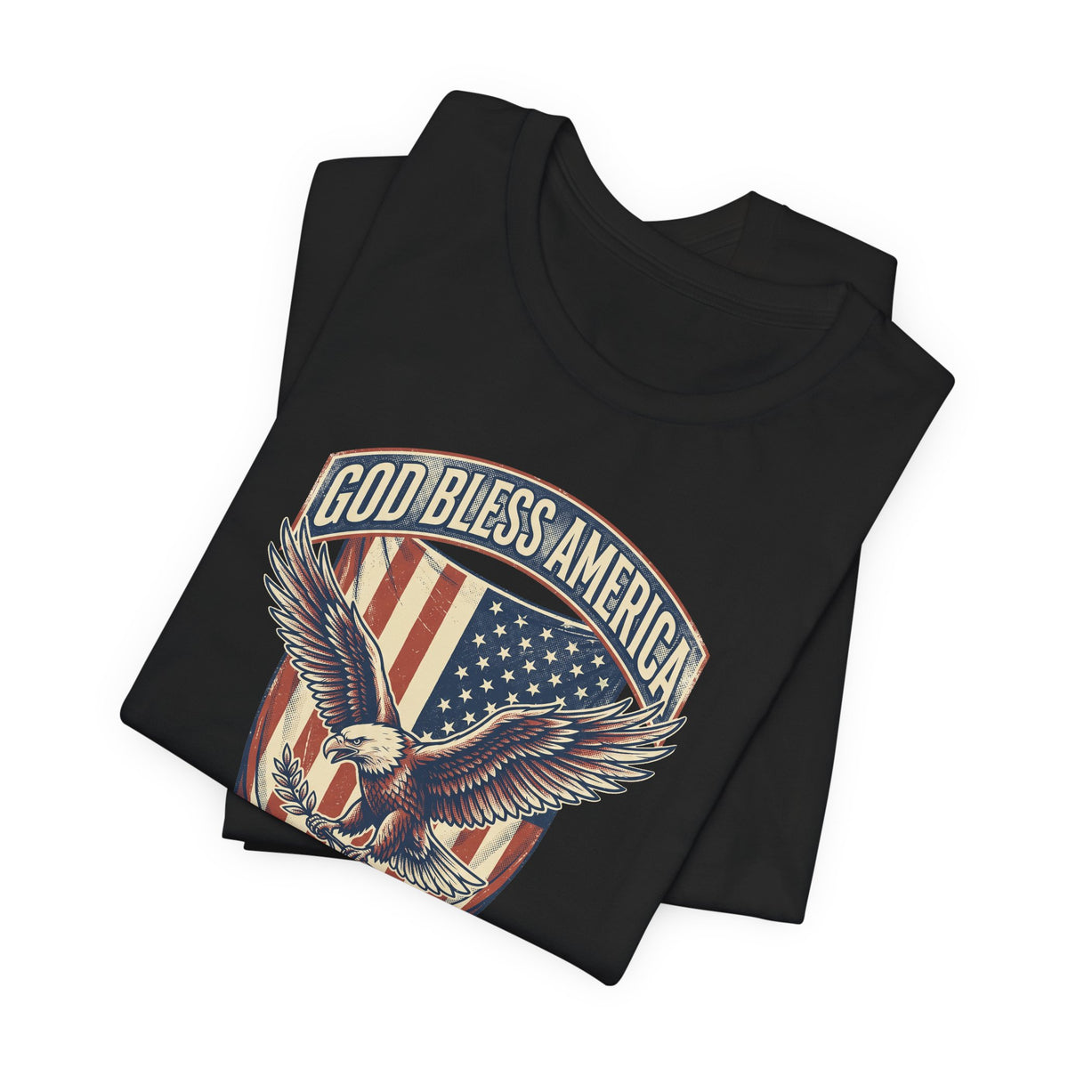 Black short-sleeve T-shirt with eagle and American flag badge graphic, “GOD BLESS AMERICA”