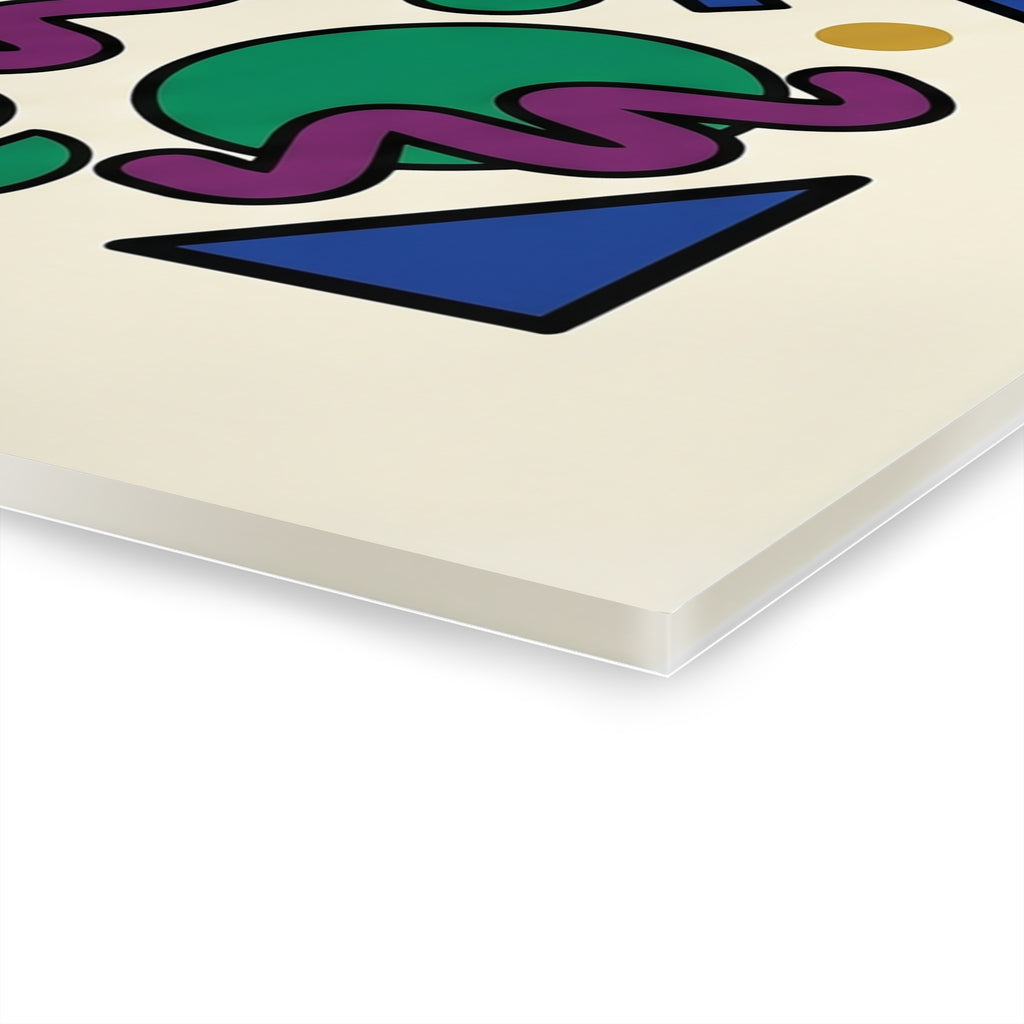 Memphis Group wall art close-up: purple and blue geometric shapes on cream, angled corner