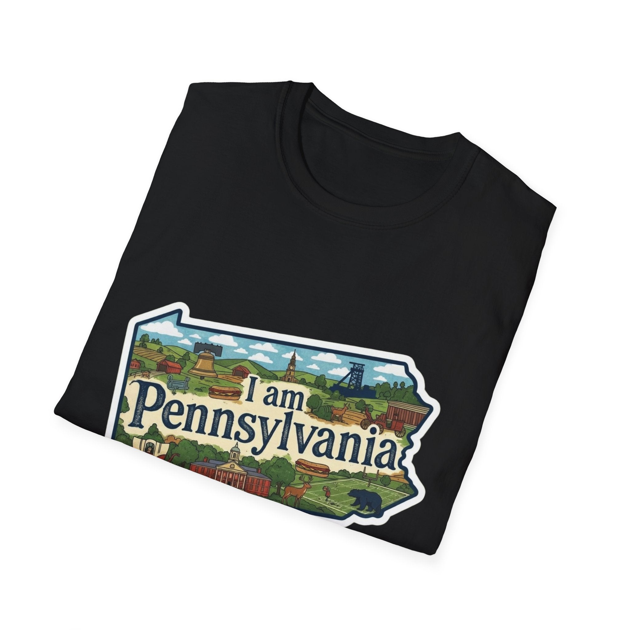 Pennsylvania T‑Shirt in black with “I am Pennsylvania” scenic state print