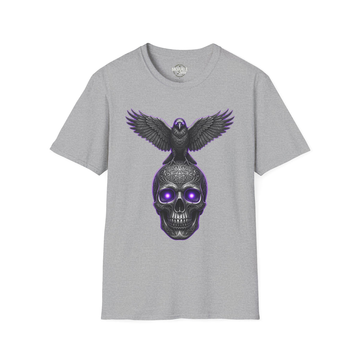 Gray t-shirt, front view, purple raven over skull artwork