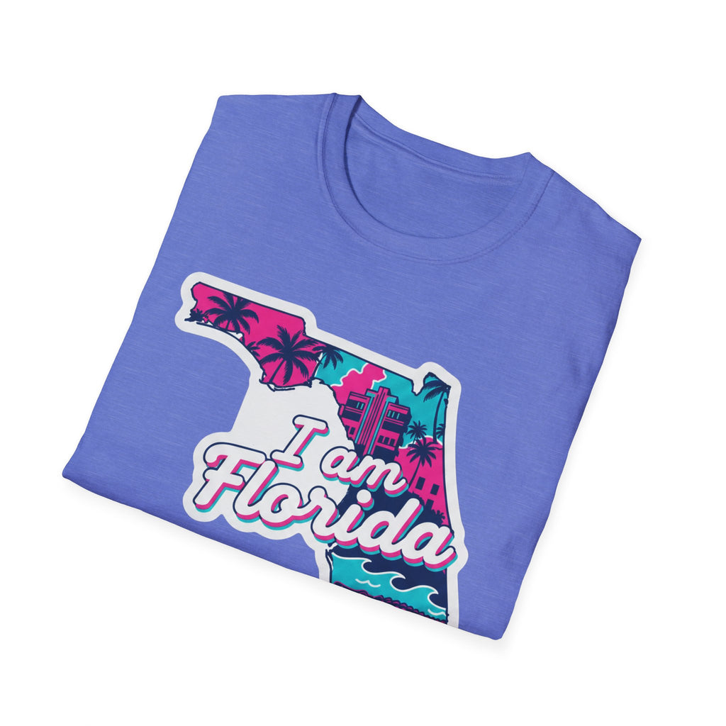 Light purple T-shirt featuring retro Florida map outline, palms, and “I am Florida”