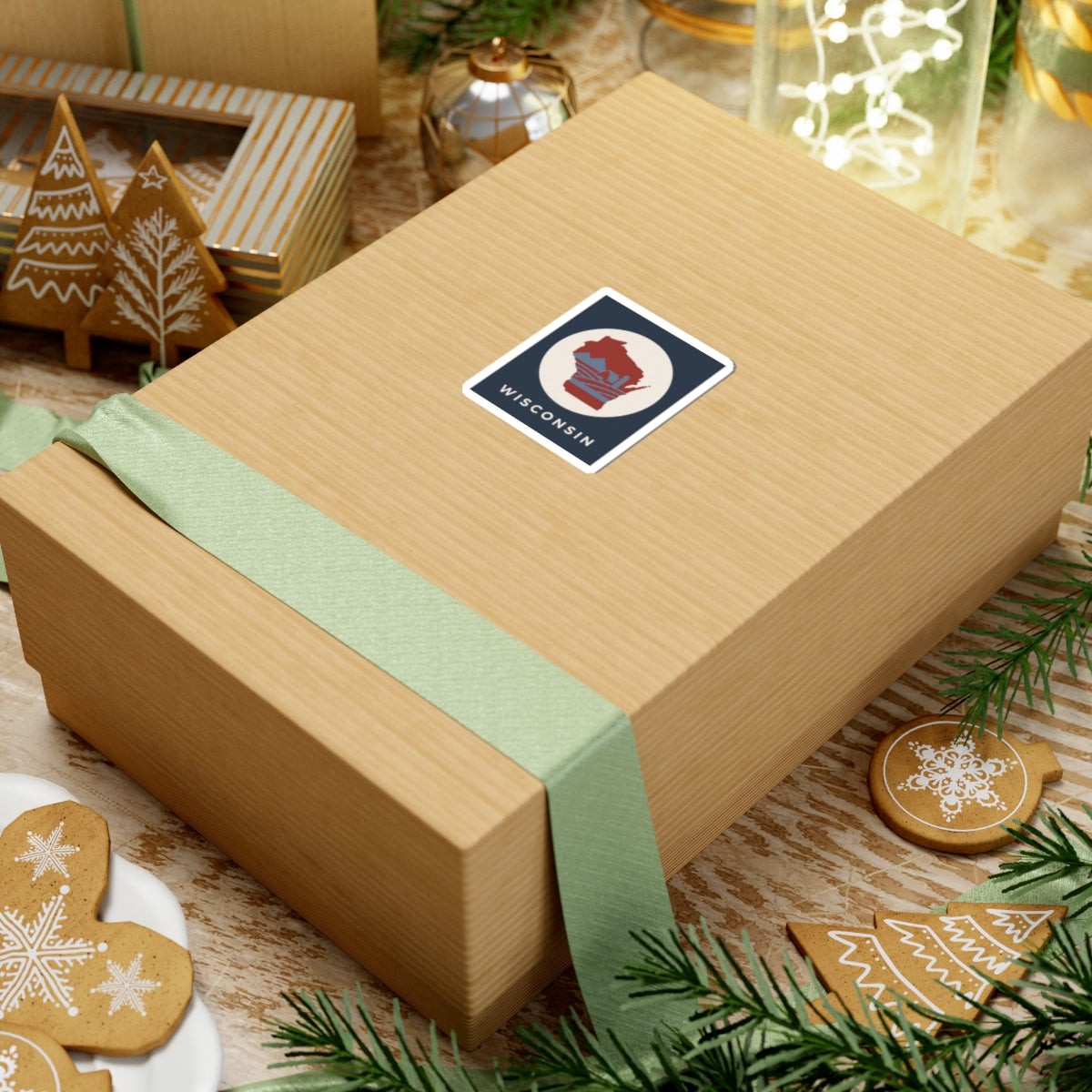 Square Wisconsin map sticker on gift box, retro badge design with red state silhouette