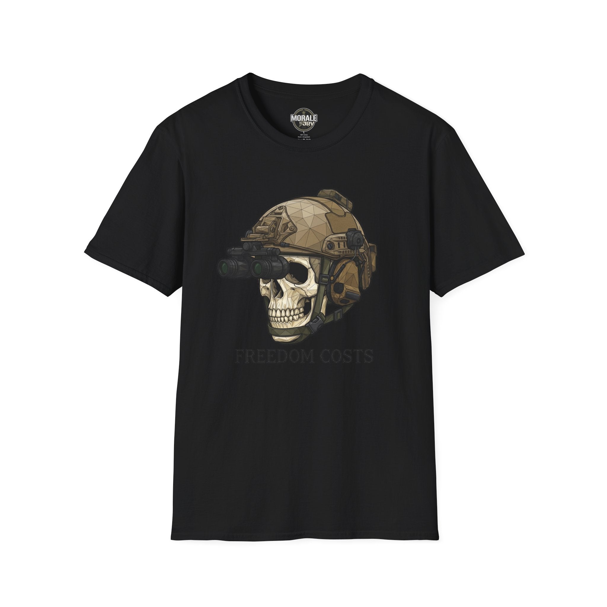 Freedom Costs skull tactical helmet graphic T-shirt, black with NVG goggles