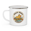 Enamel camping mug, white with capybara peace zen caffeine graphic and handle