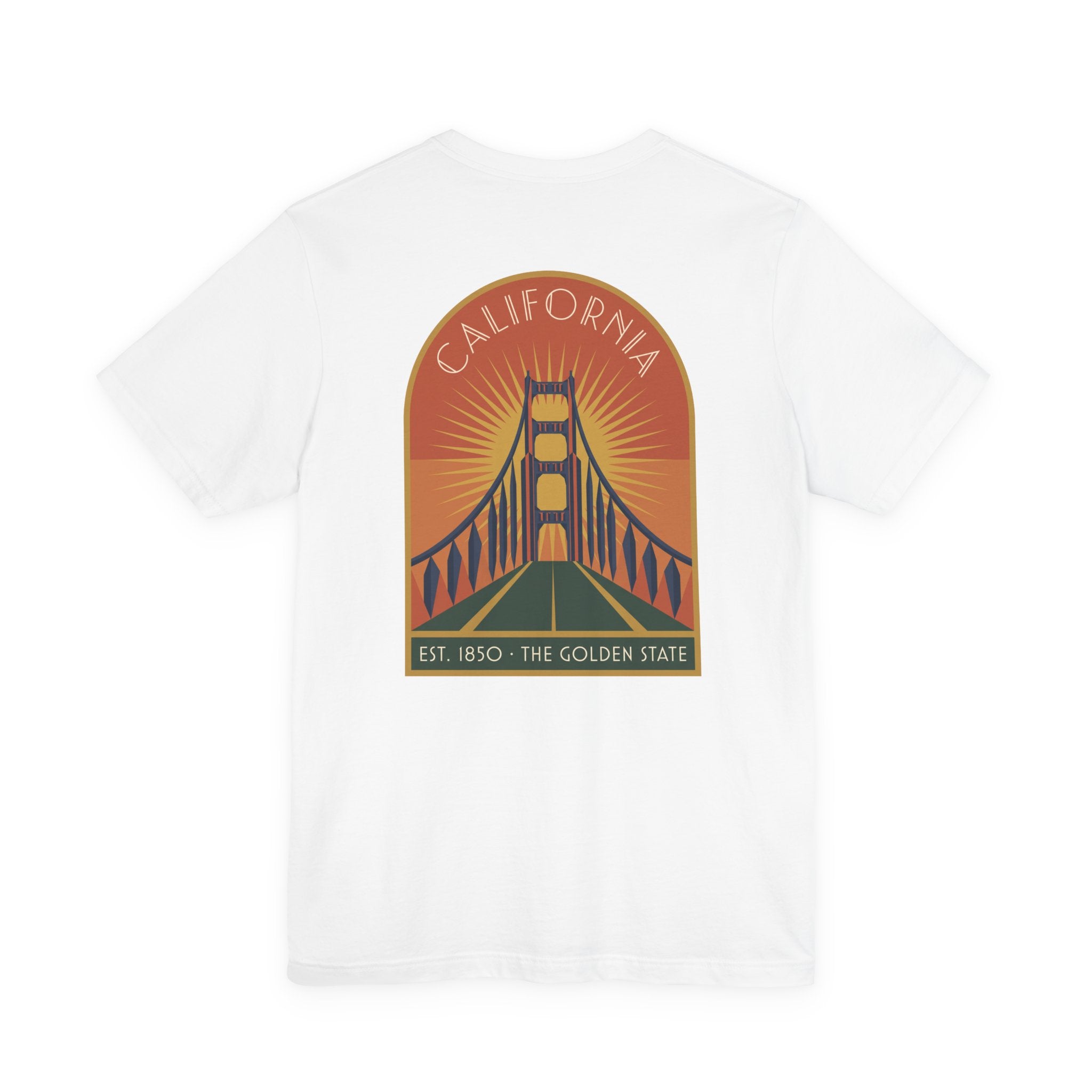 White T-shirt with California Golden Gate Bridge sunset graphic on chest