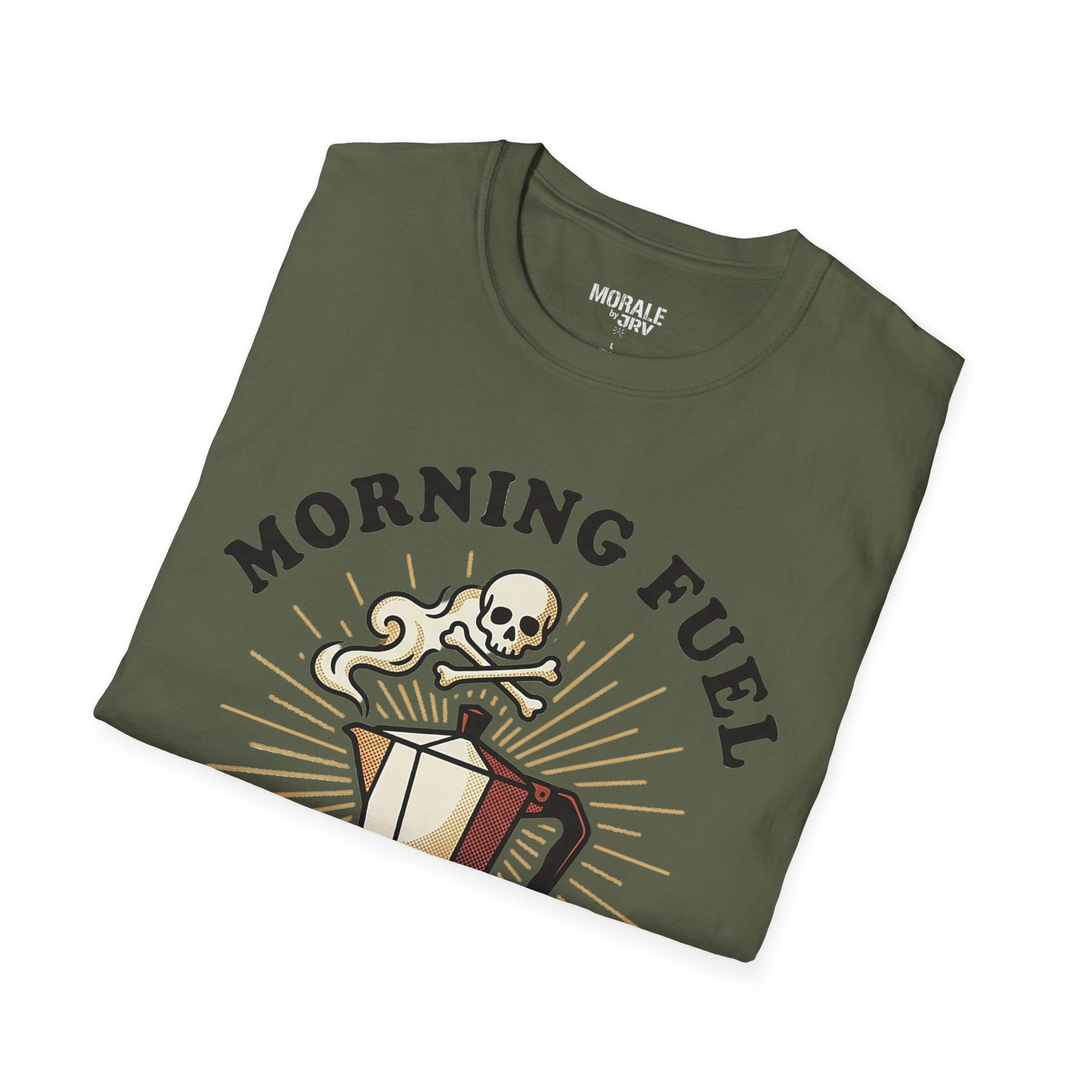 Military green Morning Fuel T-shirt with skull-and-coffee pot design