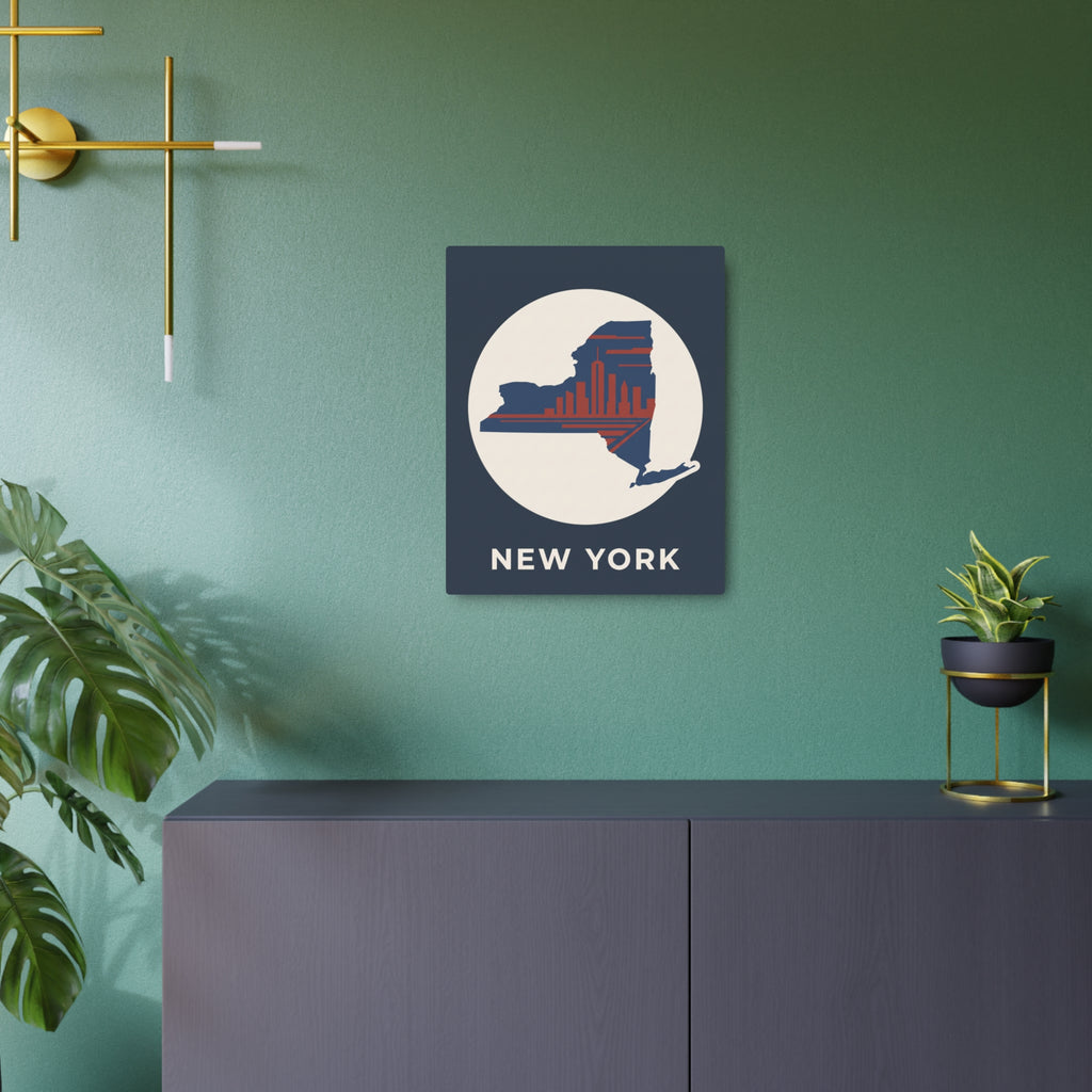 Square metal wall sign with blue skyline silhouette circle and 'NEW YORK' lettering