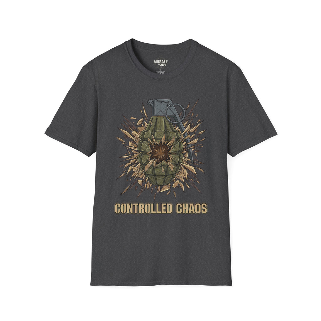 Charcoal T-shirt with controlled chaos grenade explosion graphic