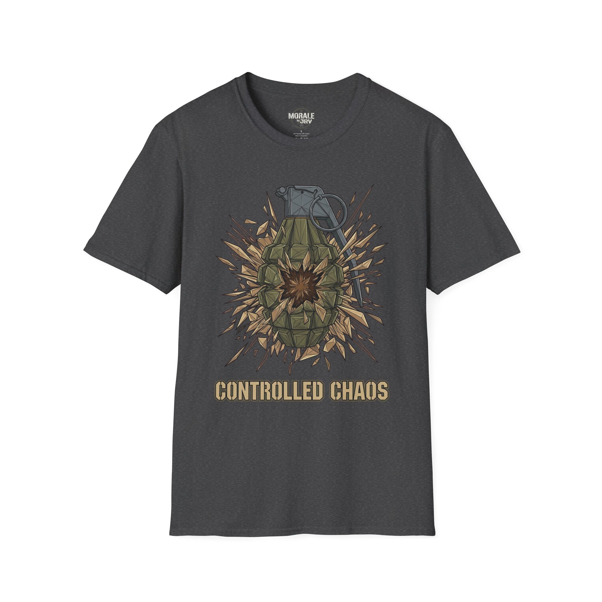 Charcoal T-shirt with controlled chaos grenade explosion graphic