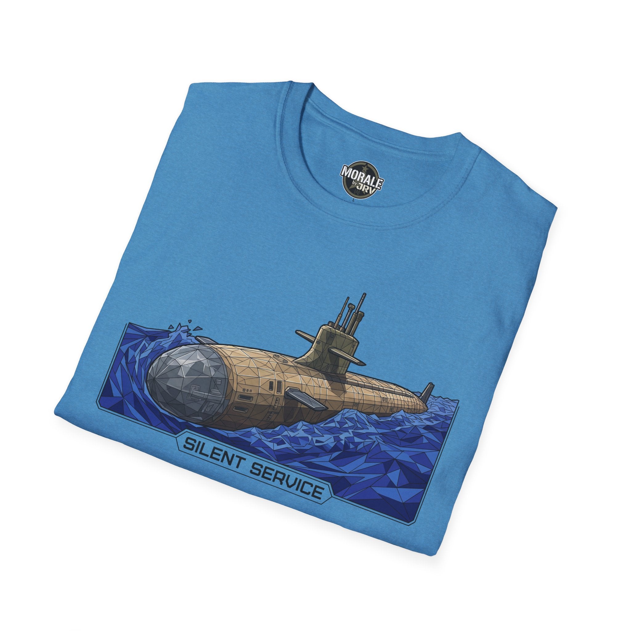 Light blue crew-neck T-shirt with Silent Service submarine graphic