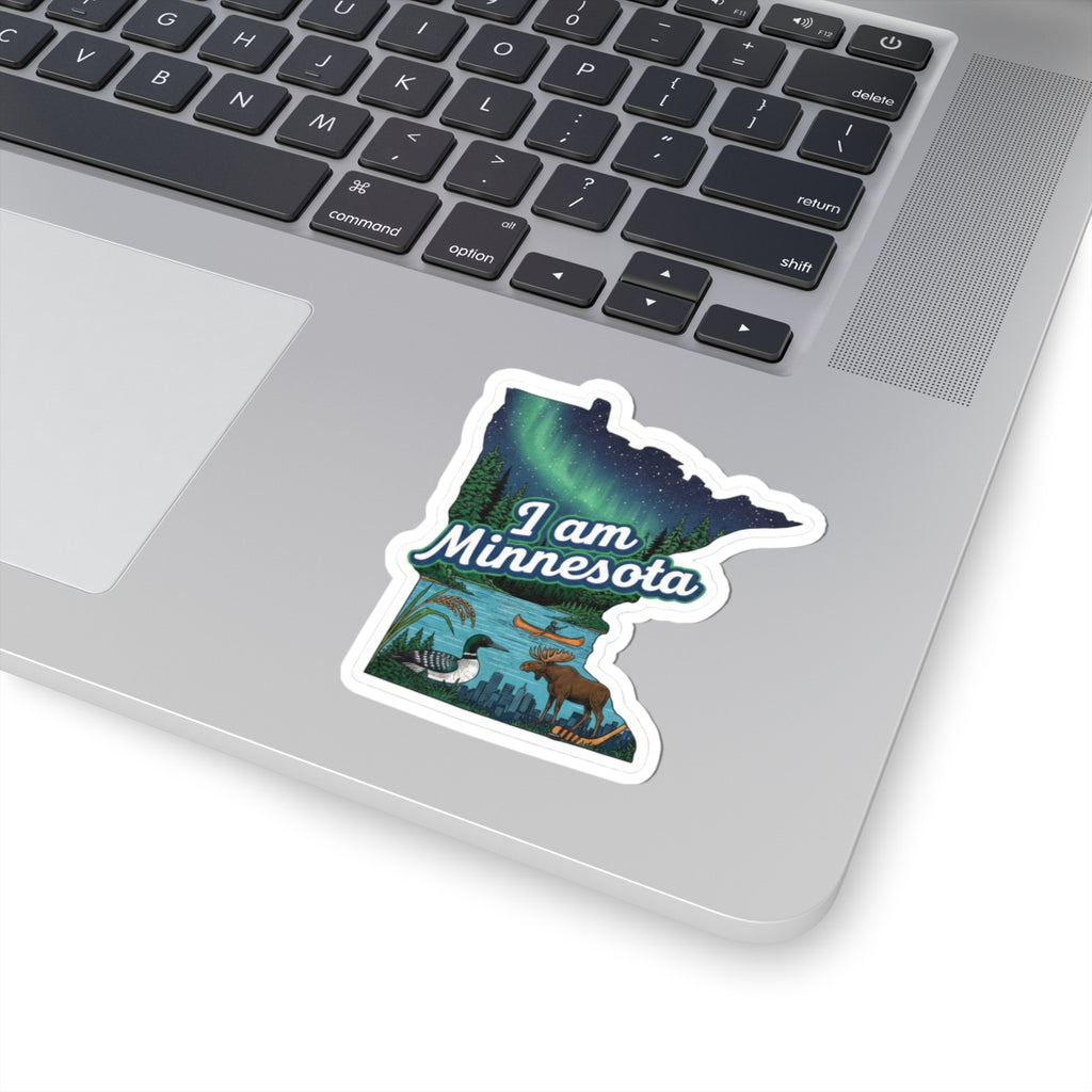 I am Minnesota sticker on white border: aurora Minnesota with moose and city