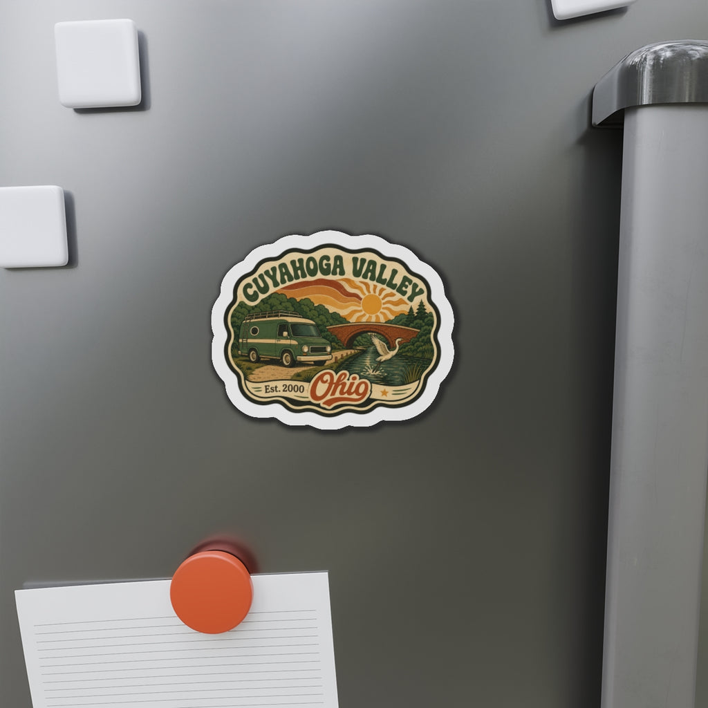 Die-cut fridge magnet on refrigerator door with Cuyahoga Valley logo, Est. 2000 and Ohio.