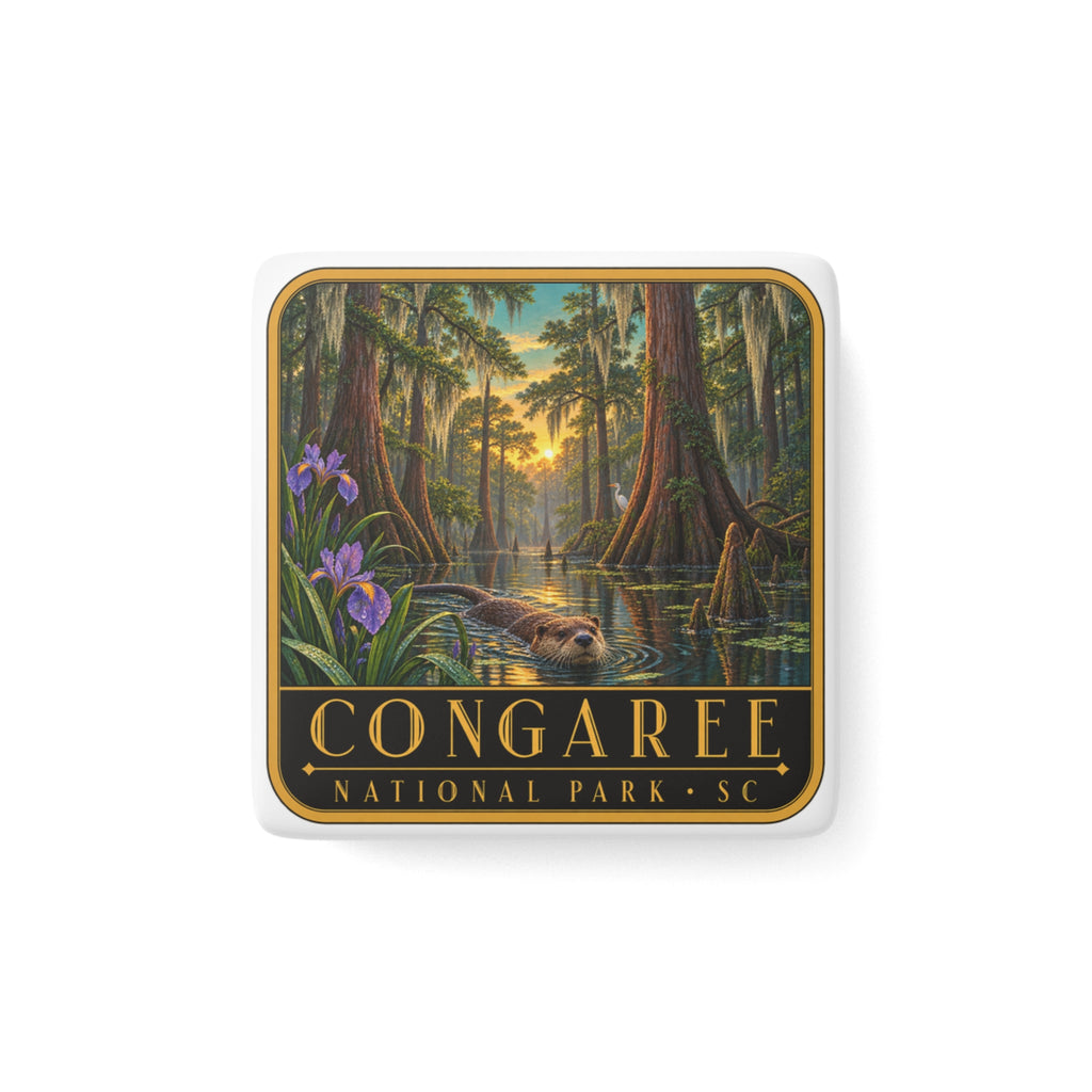 Square porcelain fridge magnet with Congaree woodland print and gold lettering