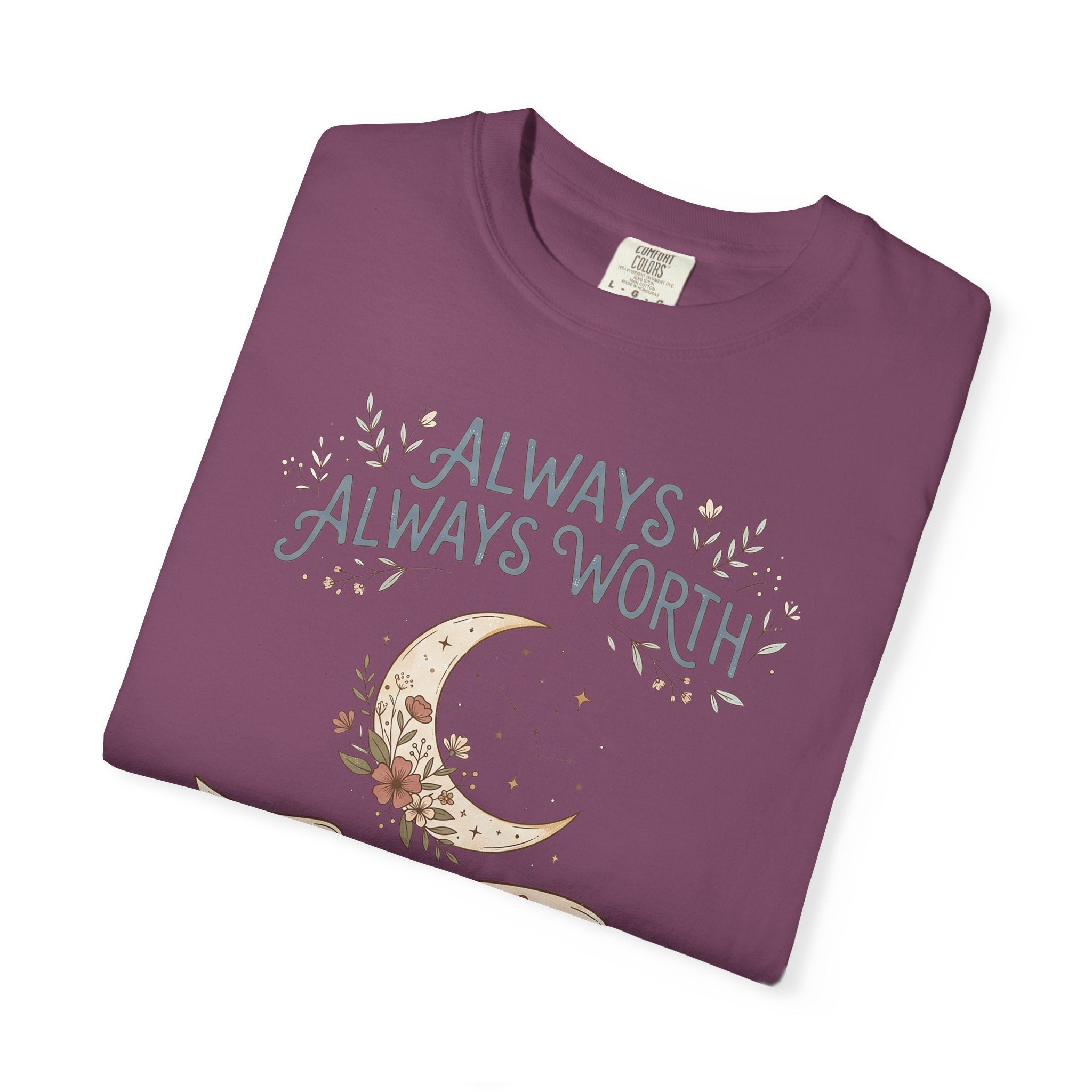 Crewneck t-shirt in deep purple with “Always Worth the Wait” moon and floral lettering