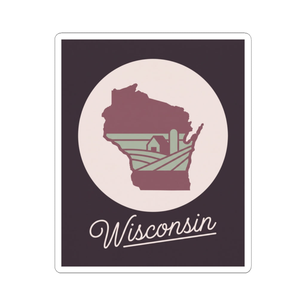 Wisconsin state decal with maroon map, stylized lines, and white “Wisconsin” script