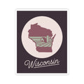 Wisconsin state decal with maroon map, stylized lines, and white “Wisconsin” script