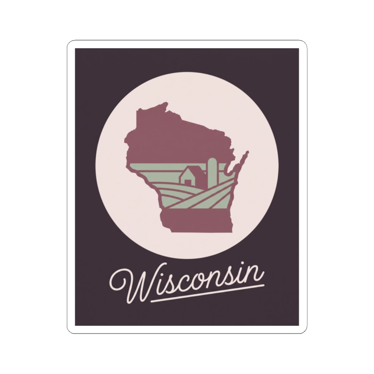 Wisconsin state decal with maroon map, stylized lines, and white “Wisconsin” script