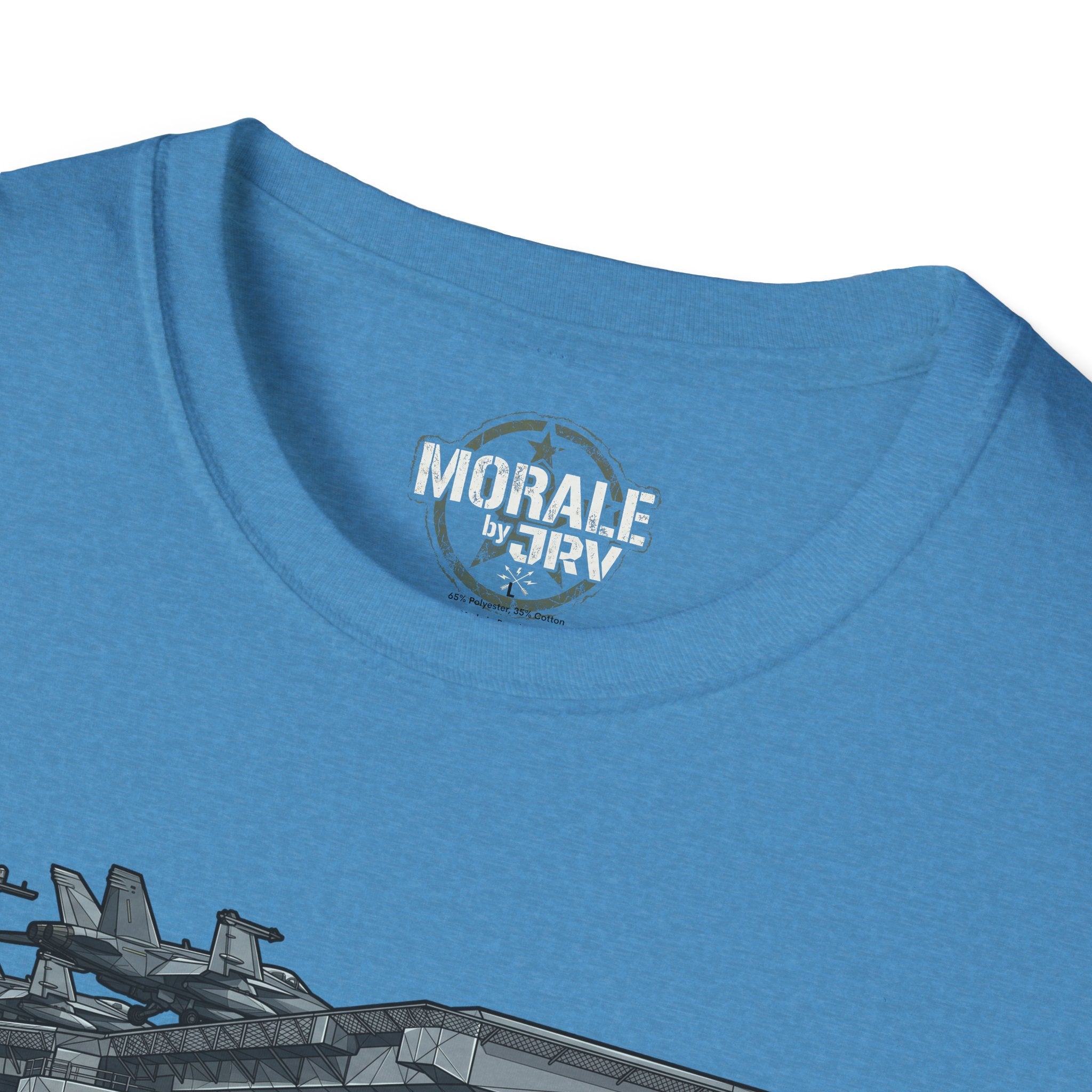 Light blue crew-neck T-shirt: 'MORALE by TRV' neck print and ship artwork