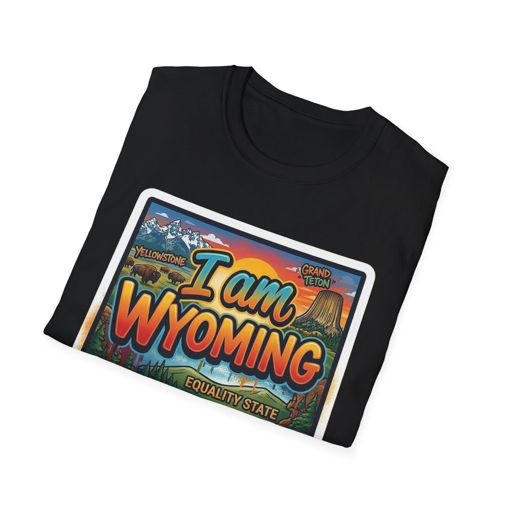 I Am Wyoming T-shirt, black with colorful "I am Wyoming" postcard graphic
