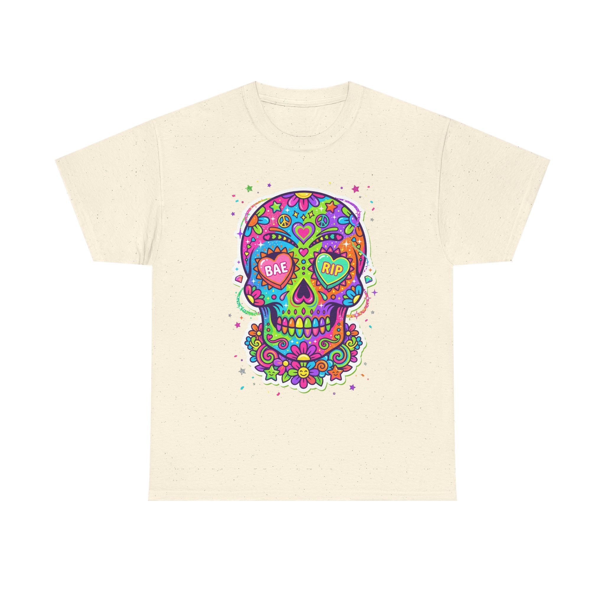 Natural T-shirt with colorful sugar skull graphic with floral accents, BAE & RIP