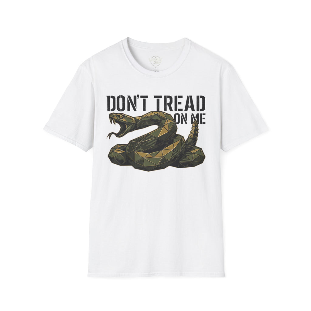 White T-shirt with coiled rattlesnake graphic and "DON’T TREAD ON ME" text