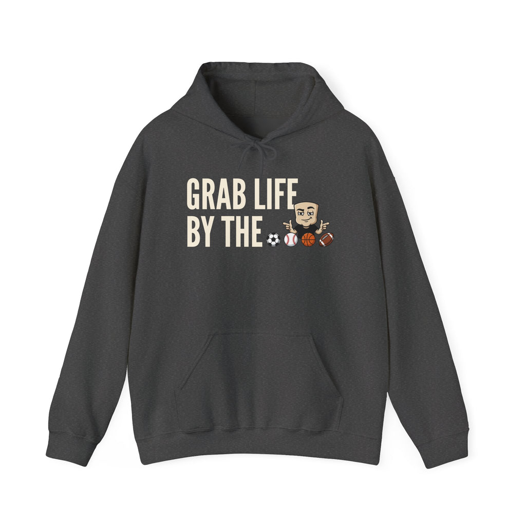 Charcoal hoodie with front pocket and drawstring; "GRAB LIFE BY THE" sports graphic