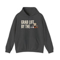 Charcoal hoodie with front pocket and drawstring; "GRAB LIFE BY THE" sports graphic