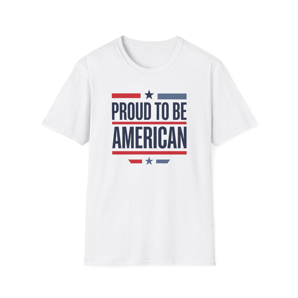 White crewneck T-shirt with "PROUD TO BE AMERICAN" star-and-stripe logo