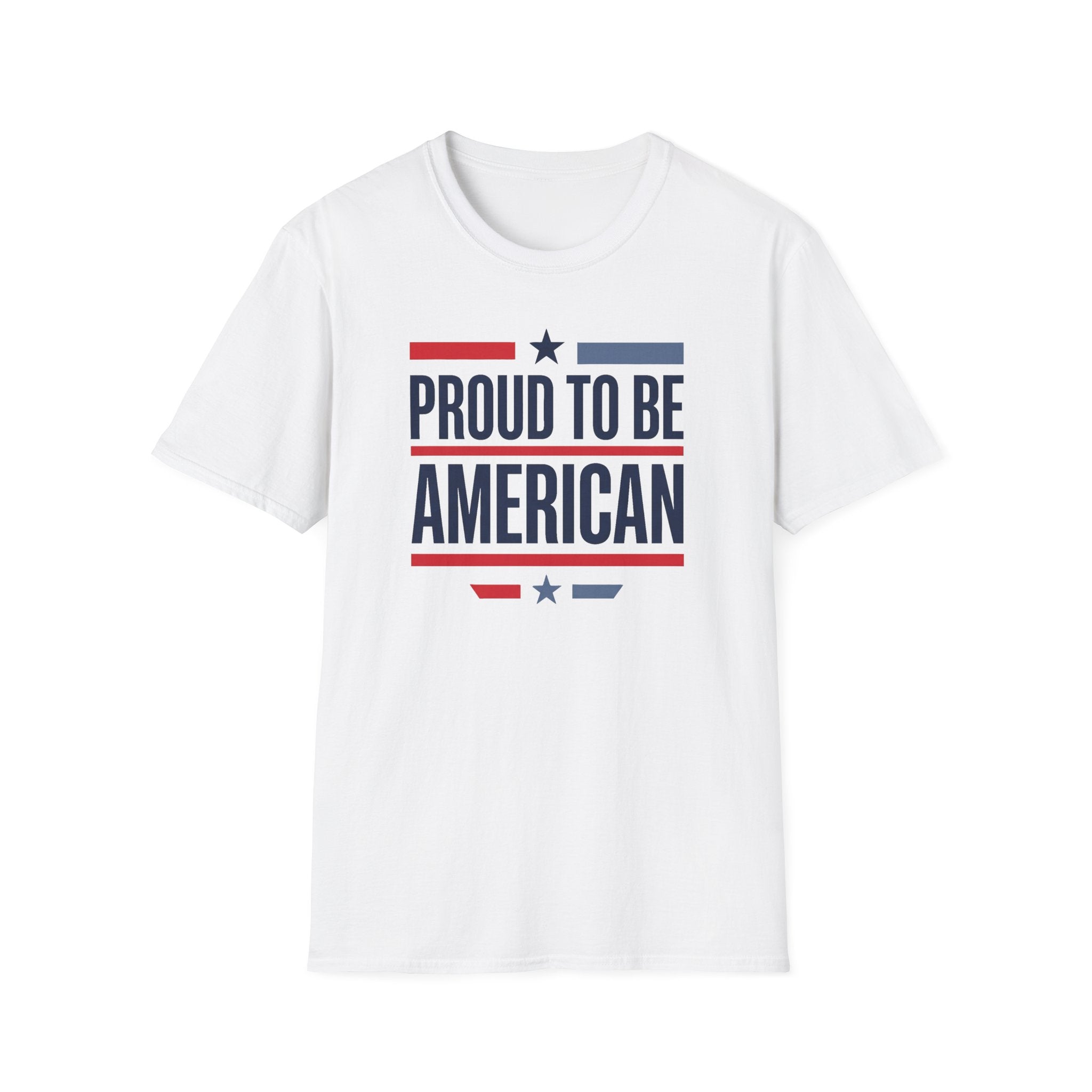 White crewneck T-shirt with "PROUD TO BE AMERICAN" star-and-stripe logo